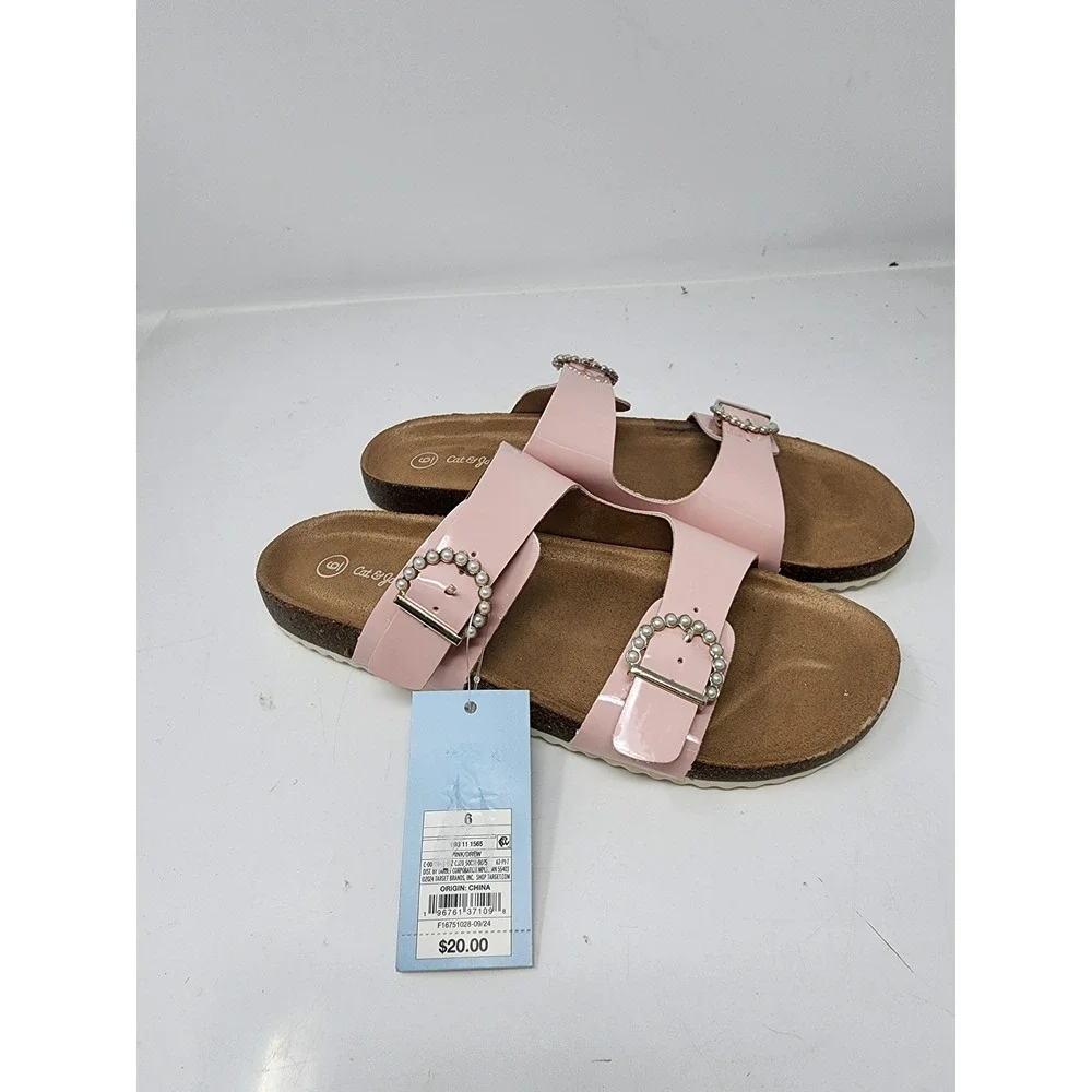 Cat & Jack‎ Girls Drew Pearl Buckle Slide Sandals Pink Faux Leather Size 6